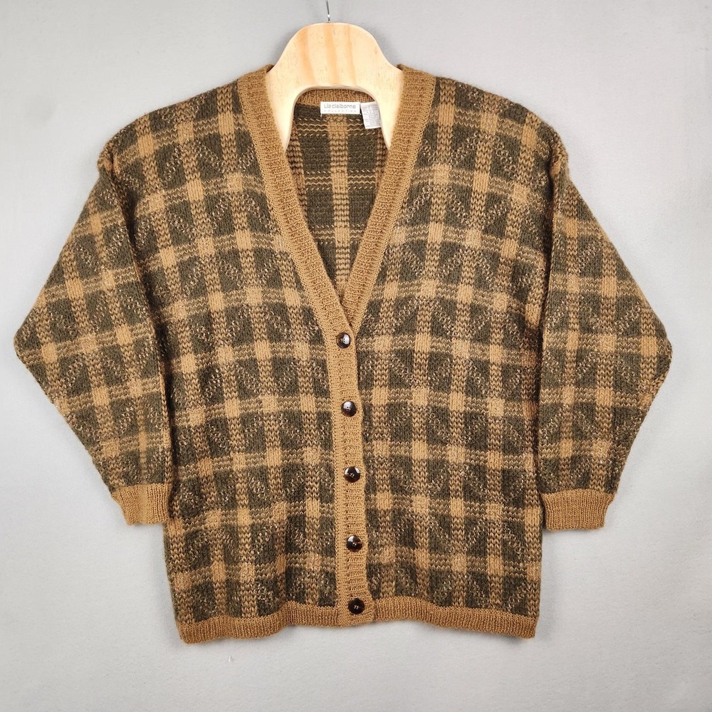 Vintage Liz Claiborne‎ Collection Cardigan Womens Large Brown Green Mohair Plaid